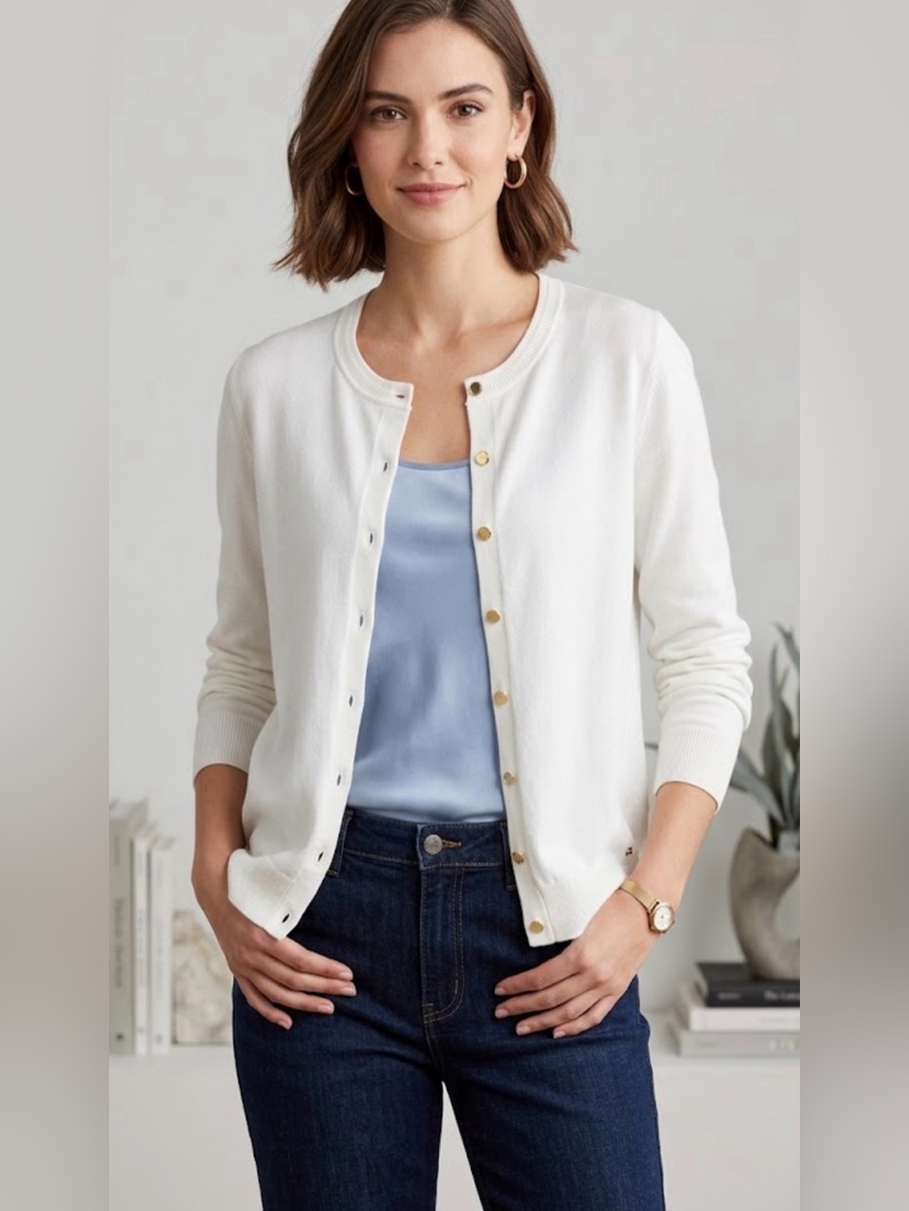 Calvin Klein White Crewneck Cardigan with Gold Buttons Cotton